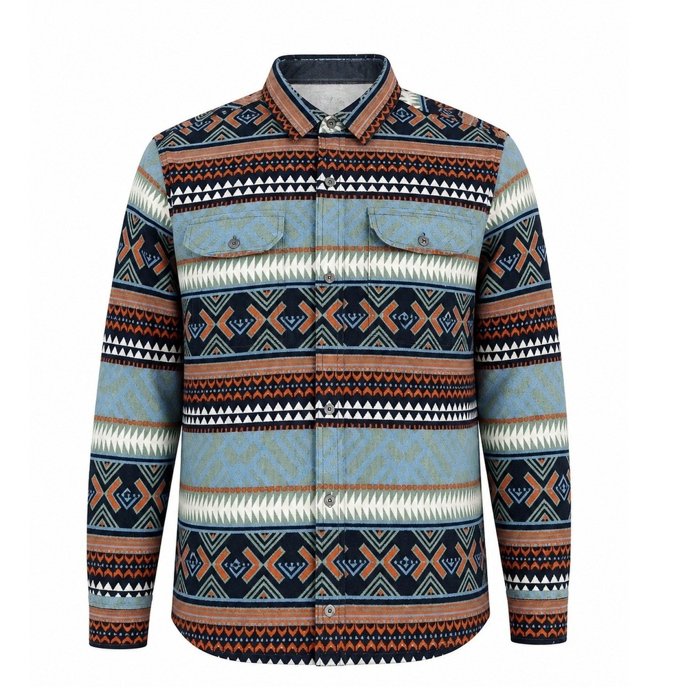 Eddie Bauer Mens T3XL Fleece Button Up Shirt‎ Southwestern Geometric Blue Orange